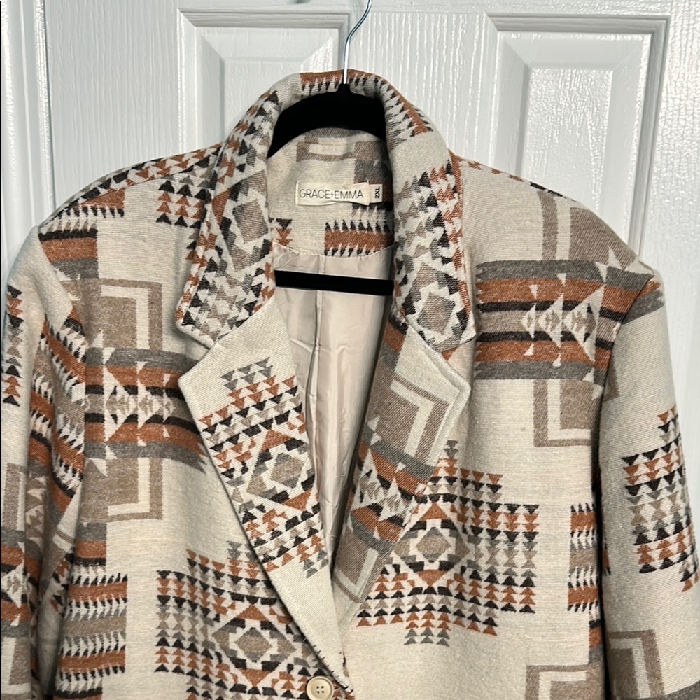 Cream and Brown Geometric Long Blazer with Southwestern Pattern
